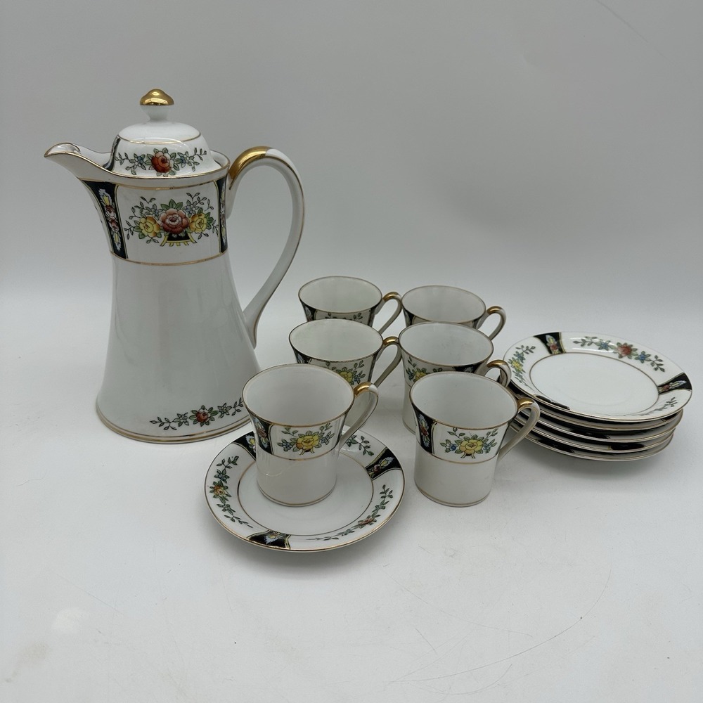 NORITAKE MORIMURA Floral CHOCOLATE Pot Set Includes 6 Cups, 6 Saucers & Tea Pot‎